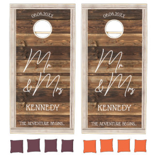 Rustic Wood Script Mr & Mrs Family Name Wedding Cornhole Set
