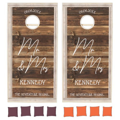 Rustic Wood Script Mr &amp; Mrs  Family Name Wedding  Cornhole Set