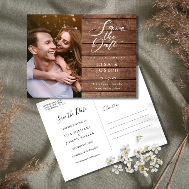 Rustic Wood Script Photo Wedding Save the Date Postcard | Zazzle