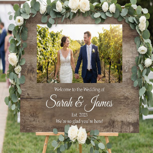 Rustic Wood Script Photo Wedding Welcome Sign