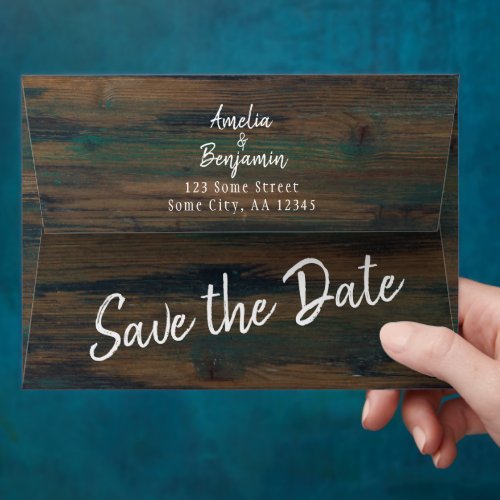 Rustic Wood Script Save the Date Return Address Envelope