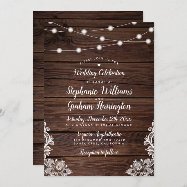 Rustic Wood Script String Lights & Lace Wedding Invitation (Front/Back)