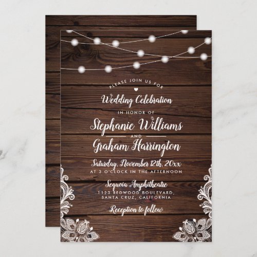 Rustic Wood Script String Lights  Lace Wedding Invitation