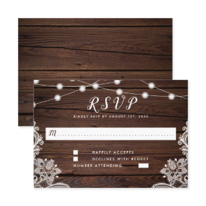 Rustic Wood Script String Lights & Lace Wedding RSVP Card