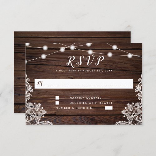 Rustic Wood Script String Lights  Lace Wedding RSVP Card