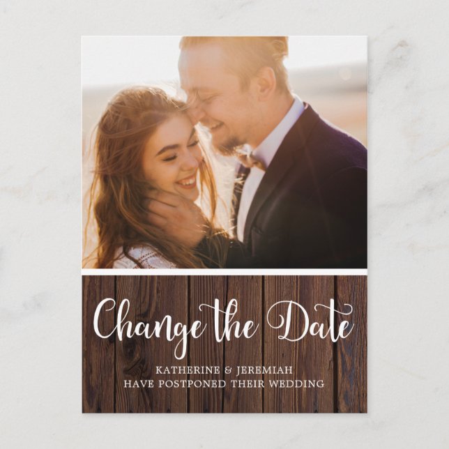 Rustic Wood Script Wedding Postponement Postcard (Front)