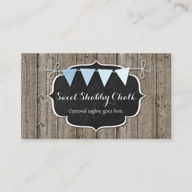Rustic Wood & Shabby Chic Chalkboard Blue Bunting Business Card (Front)