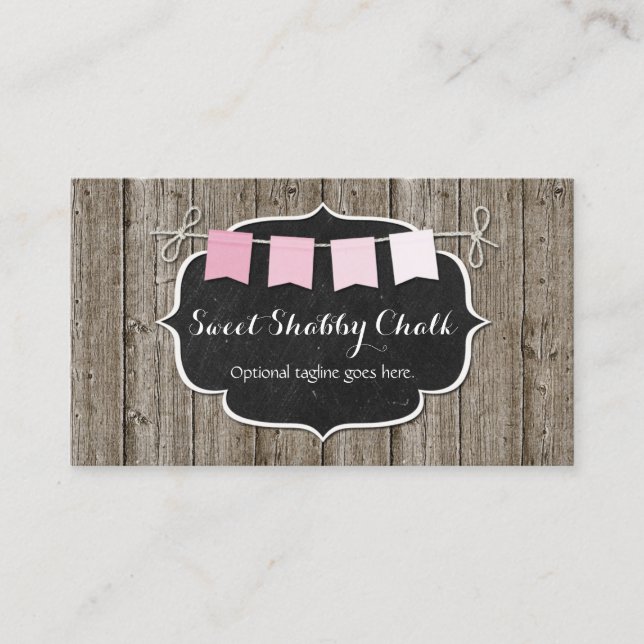 Rustic Wood & Shabby Chic Chalkboard Pink Bunting Business Card (Front)