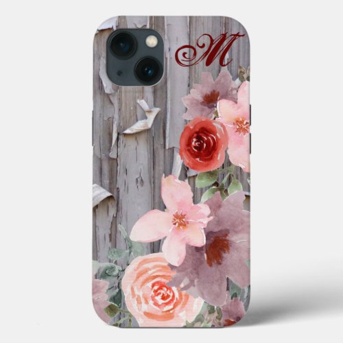 Rustic Wood  Shabby Chic Floral Blush Pink  Red iPhone 13 Case