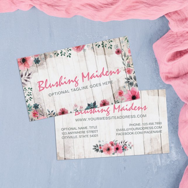 Rustic Wood Shabby Chic Pink Roses Anemone Floral Business Card (Creator Uploaded)