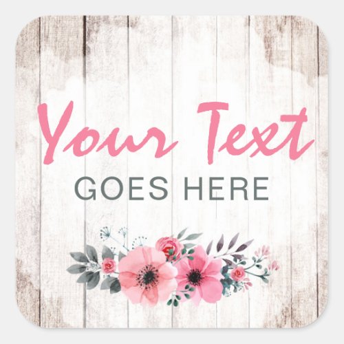 Rustic Wood Shabby Chic Pink Roses Anemone Floral Square Sticker