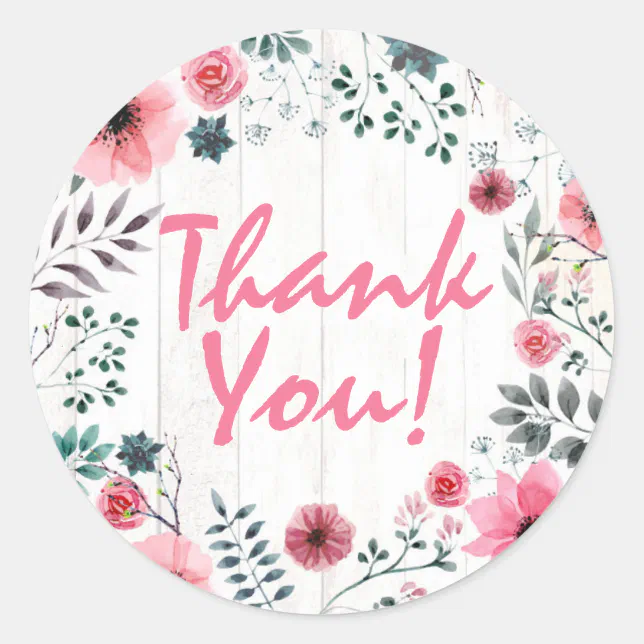 Rustic Wood Shabby Chic Pink Roses Thank You Classic Round Sticker | Zazzle