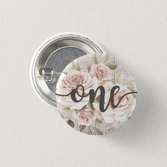 Rustic Wood & Shabby Chic Roses 1st Birthday Party Button (Front & Back)