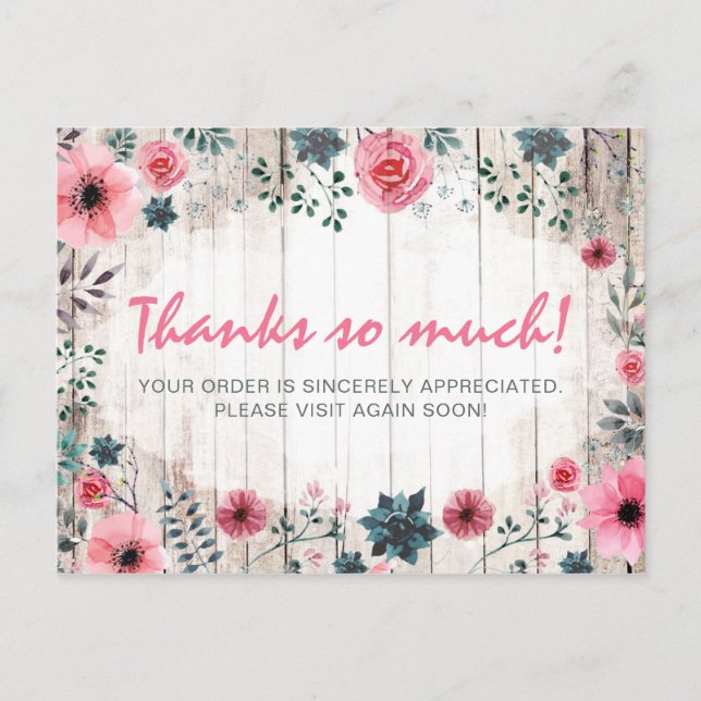 Rustic Wood Shabby Chic Roses Anemone Thank You Postcard (Front)