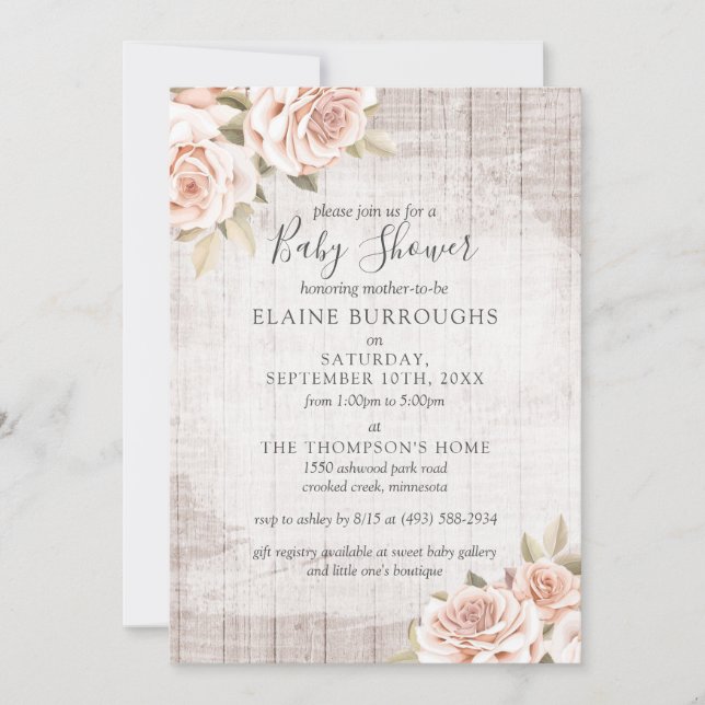 Rustic Wood & Shabby Chic Roses Floral Baby Shower Invitation (Front)