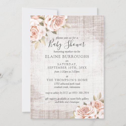 Rustic Wood  Shabby Chic Roses Floral Baby Shower Invitation