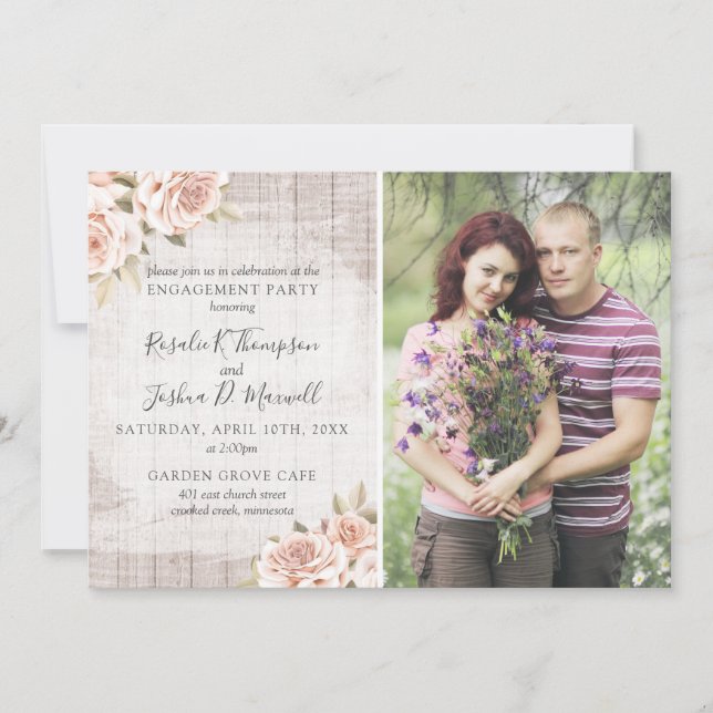Rustic Wood & Shabby Roses Engagement Party Photo Invitation (Front)