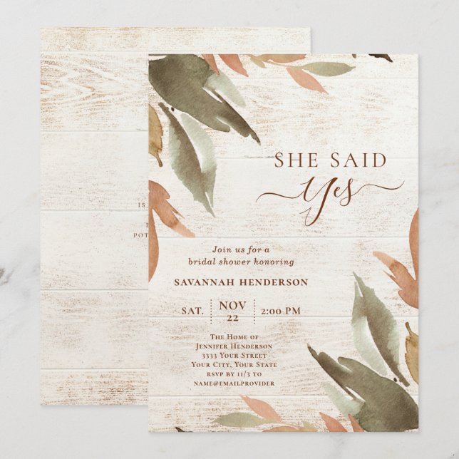 Rustic Wood She Said Yes Greenery Bridal Shower Invitation (Front/Back)