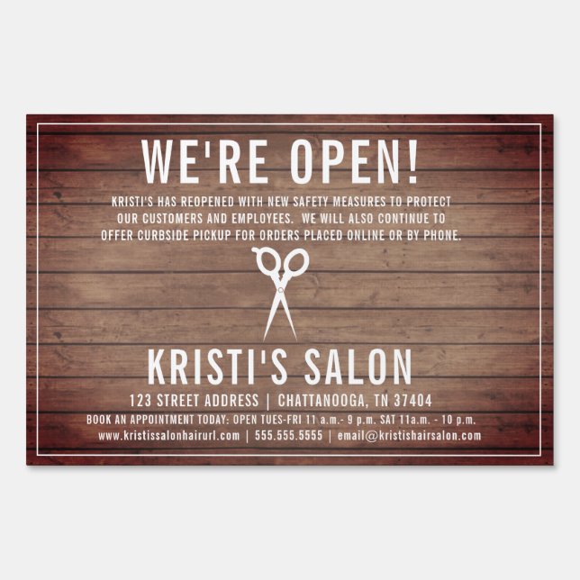 Rustic Wood Shears Hair Salon Reopening Sign (Front)