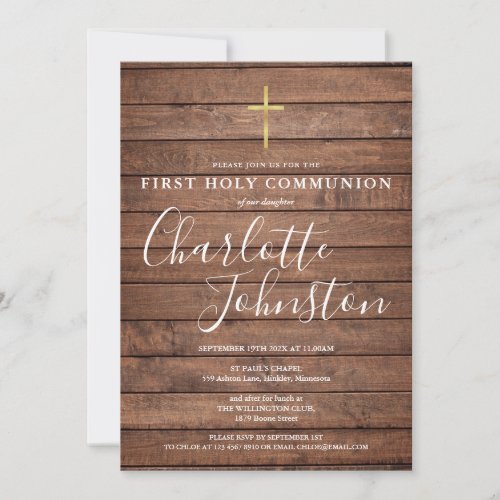 Rustic Wood Signature Script First Holy Communion Invitation