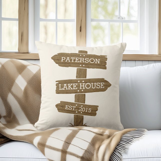 Rustic Wood Signpost Lake House Cabin Throw Pillow (Creator Uploaded)
