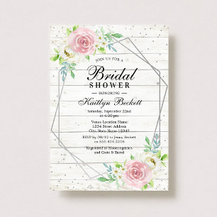 Rustic Wood Silver Foil Floral Bridal Shower Invitation