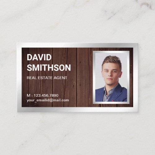 Rustic Wood Silver Foil Real Estate Realtor Photo Business Card