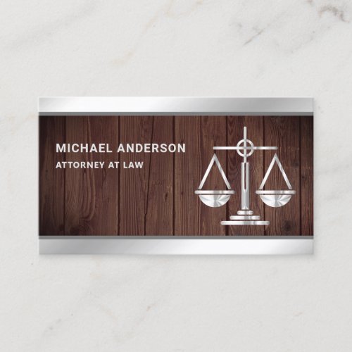 Rustic Wood Silver Justice Scale Lawyer Attorney Business Card