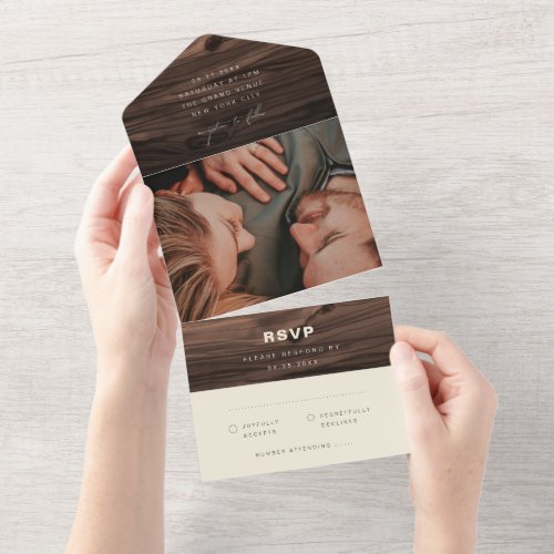 Rustic Wood Simple Modern Minimalist Wedding All In One Invitation