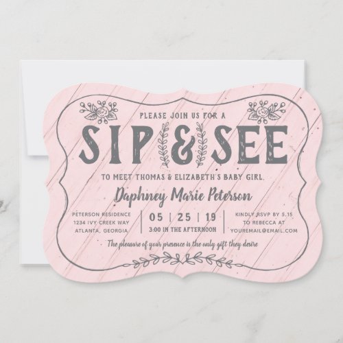 Rustic Wood Sip and See Baby Shower Invitation