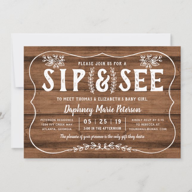 Rustic Wood Sip and See Baby Shower Invitation (Front)