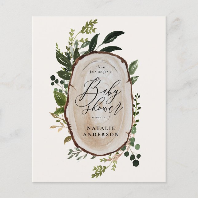 Rustic wood slice baby shower budget invitation (Front)