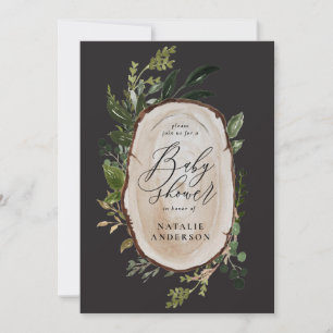 Rustic wood slice baby shower invitation
