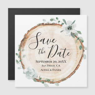 Rustic Wood Slice Botanical Save the Date Magnetic Invitation