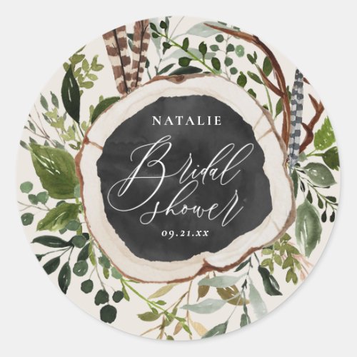 Rustic wood slice bridal shower party classic round sticker