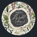 Rustic wood slice bridal shower party classic round sticker<br><div class="desc">Rustic wood slice bridal shower design. With beautiful watercolor foliage,  white florals,  wood slice and script hand writing. This modern design is sure to set the style for your upcoming party.</div>
