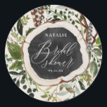 Rustic wood slice bridal shower party classic round sticker<br><div class="desc">Rustic wood slice bridal shower design. With beautiful watercolor foliage,  white florals,  wood slice and script hand writing. This modern design is sure to set the style for your upcoming party.</div>