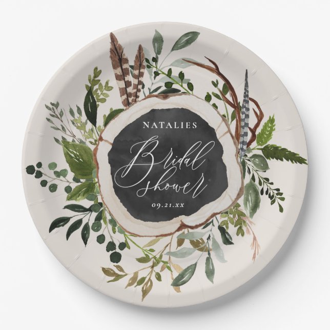 Rustic wood slice bridal shower party paper plates (Front)