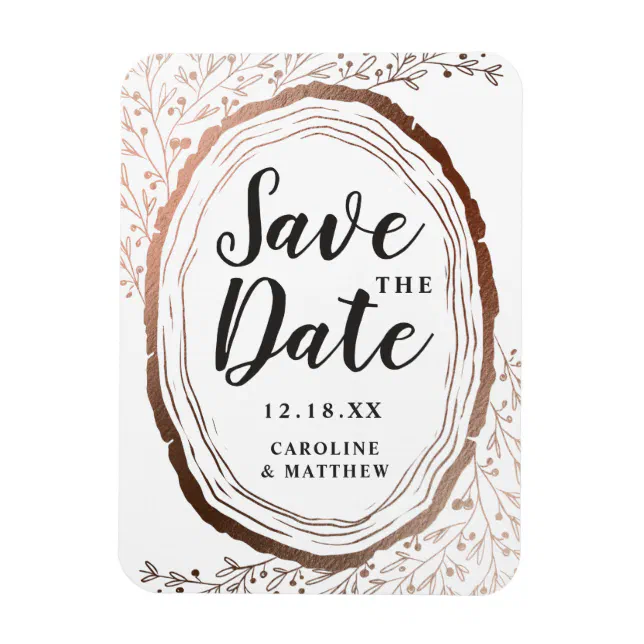 Rustic Wood Slice Copper Foil Autumn Save the Date Magnet | Zazzle