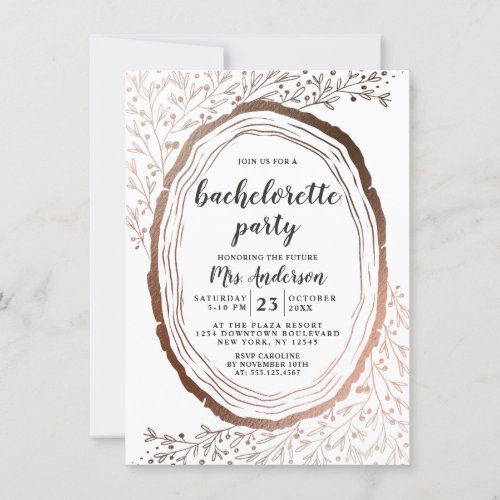 Rustic Wood Slice Copper Foil Bachelorette Party Invitation