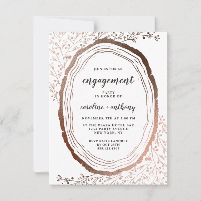 Rustic Wood Slice Copper Foil Engagement Party Invitation (Front)