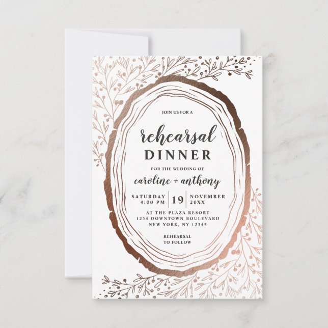 Rustic Wood Slice Copper Foil Rehearsal Dinner Invitation (Front)