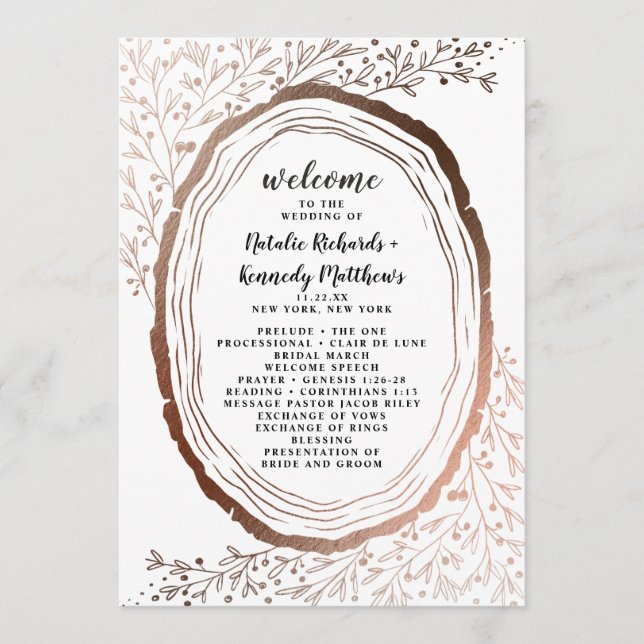 Rustic Wood Slice Copper Foil Wedding Ceremony Program (Front)