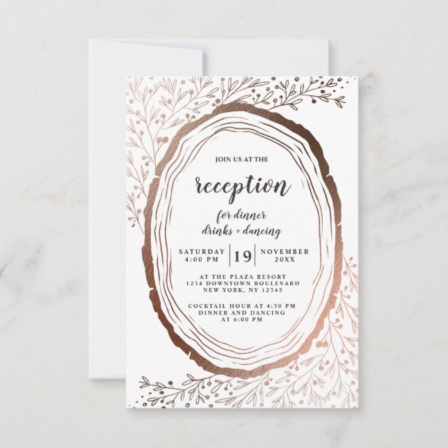Rustic Wood Slice Copper Foil Wedding Reception Invitation (Front)