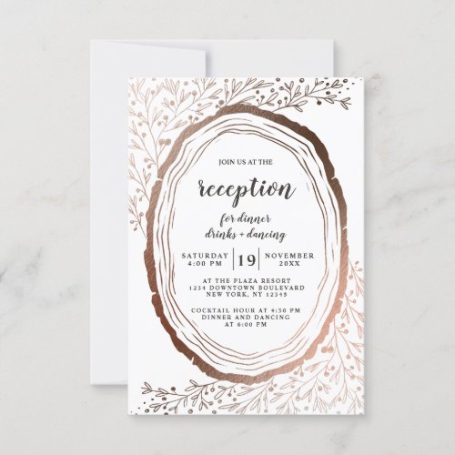 Rustic Wood Slice Copper Foil Wedding Reception Invitation