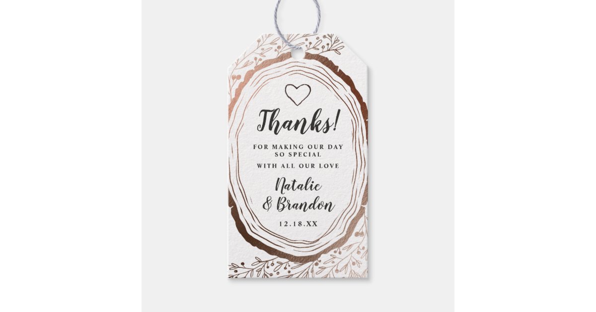 Rustic Wood Slice Copper Foil Wedding Thank You Gift Tags | Zazzle