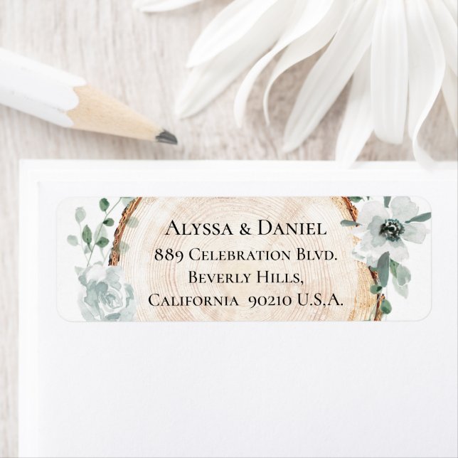 Rustic Wood Slice Eucalyptus Custom Wedding  Label (Insitu)