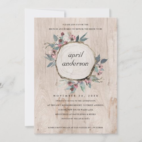RUSTIC WOOD SLICE FLORAL BRUNCH   BUBBLY INVITE