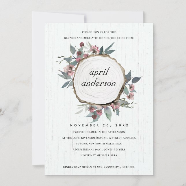 RUSTIC WOOD SLICE FLORAL BRUNCH &  BUBBLY INVITE (Front)