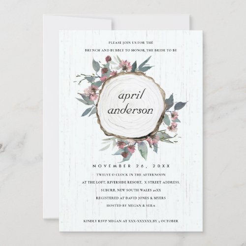 RUSTIC WOOD SLICE FLORAL BRUNCH   BUBBLY INVITE